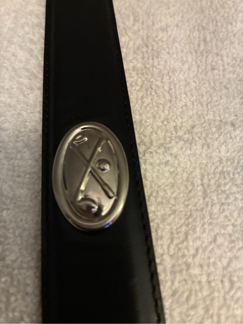 Pre-owned Men’s Black Leather Belt with Silver Oval golf Studs and buckle.